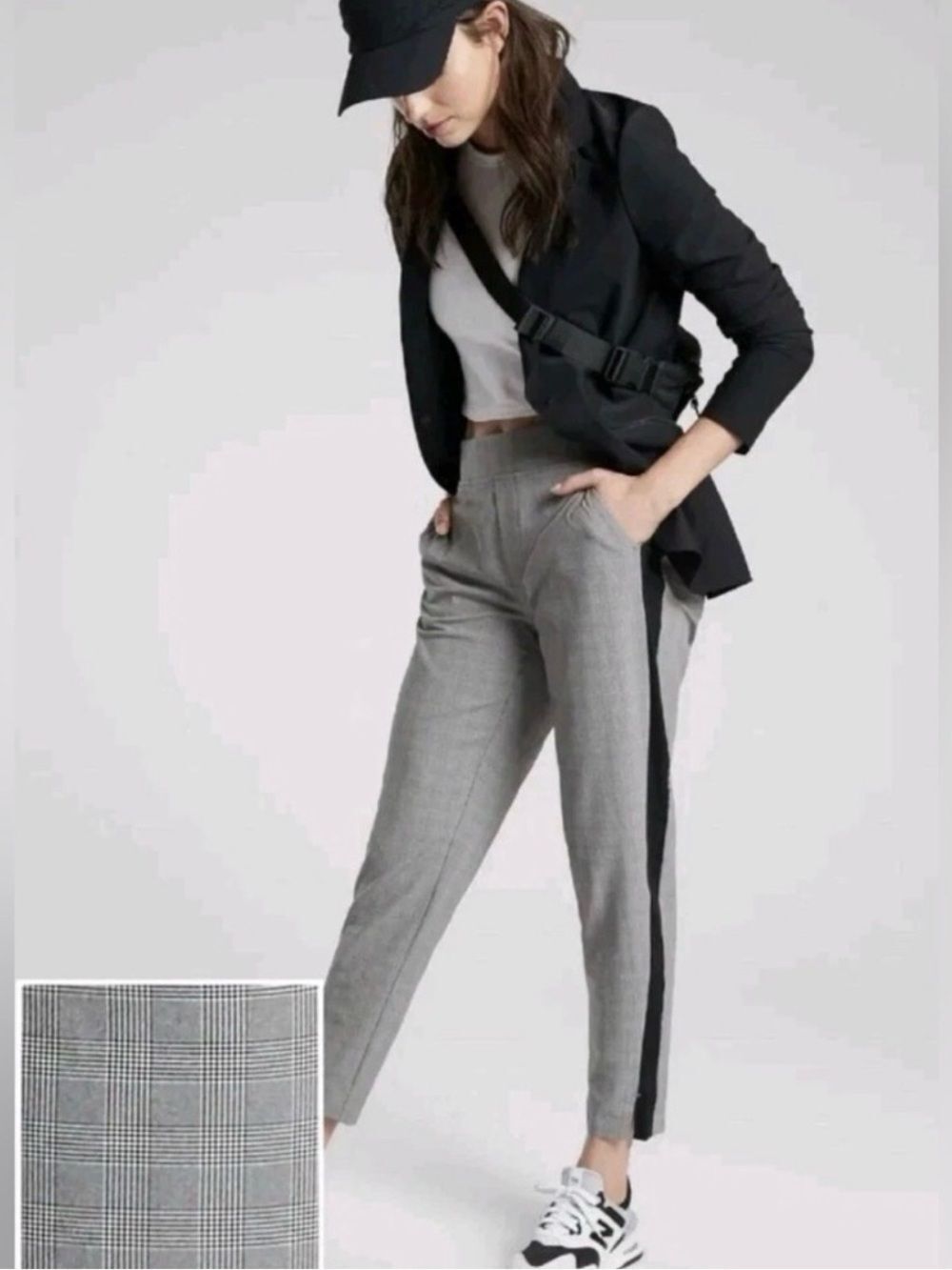 Athleta Brooklyn Plaid Ankle Pants with Black Side Stripe